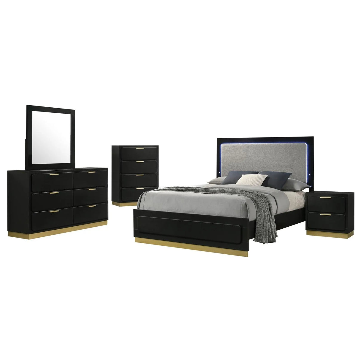 Caraway Black/Grey 5-Piece Queen Bedroom Set with LED Headboard by Coaster at Eve Furniture