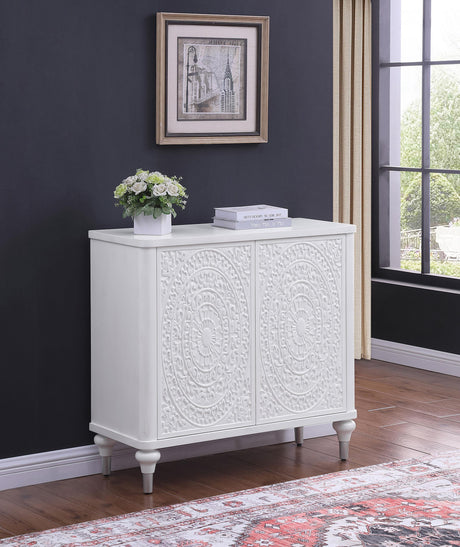 Cardella Distressed White 2-Door Mandala Accent Cabinet by Coaster at Eve Furniture
