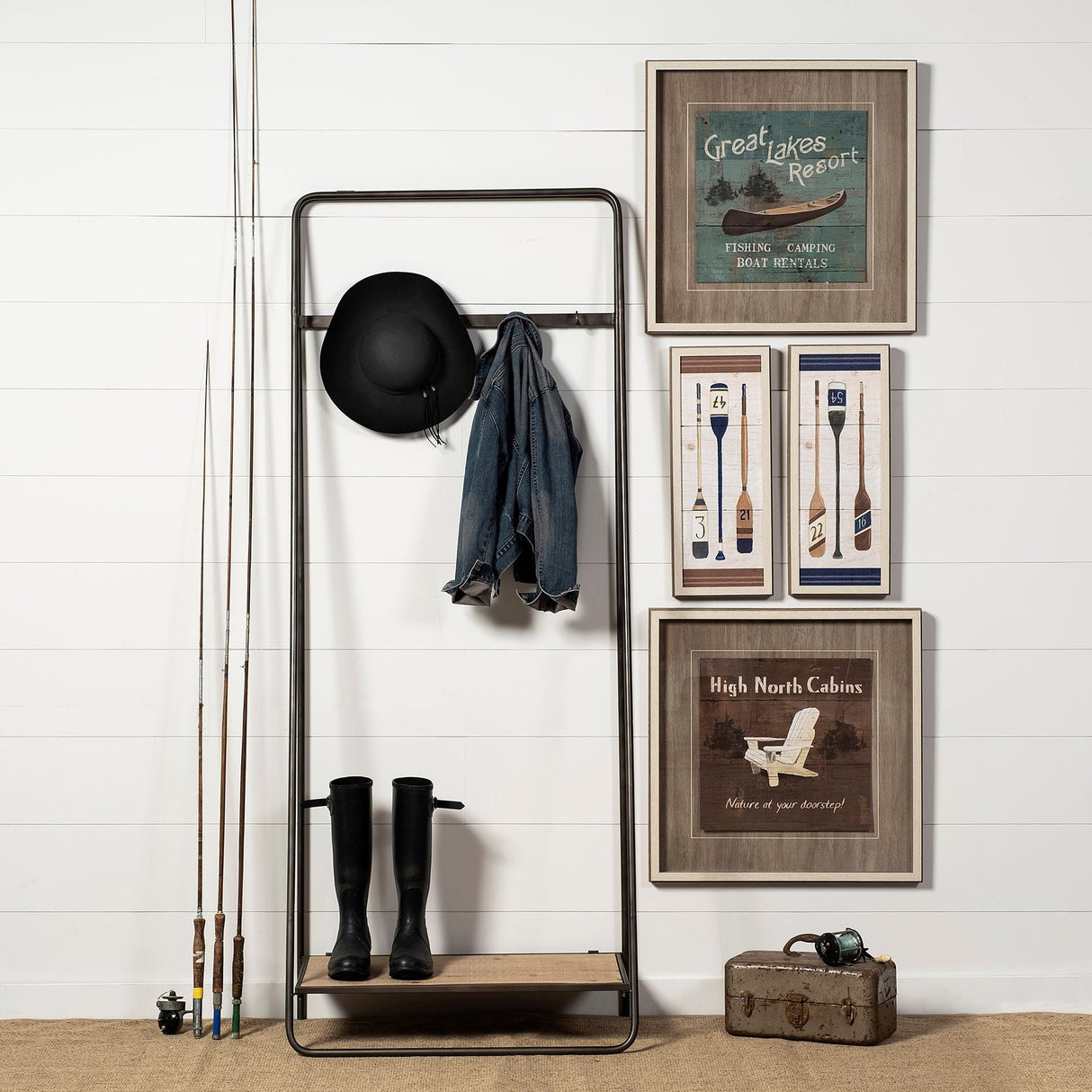 Carell Black Metal And Wood Shelf Hall Tree by Mercana at Eve Furniture