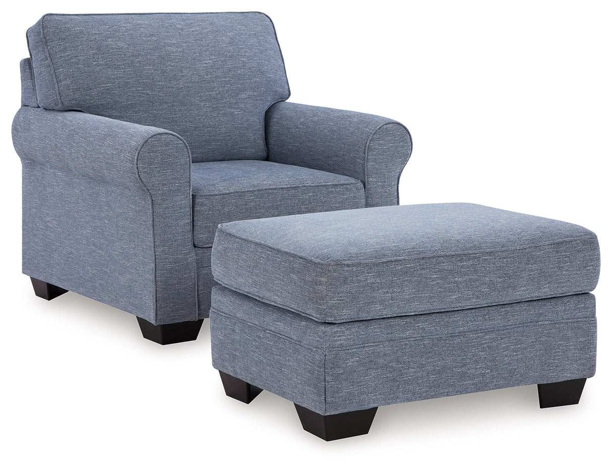 Carissa Manor Denim Chair and Ottoman by Ashley at Eve Furniture