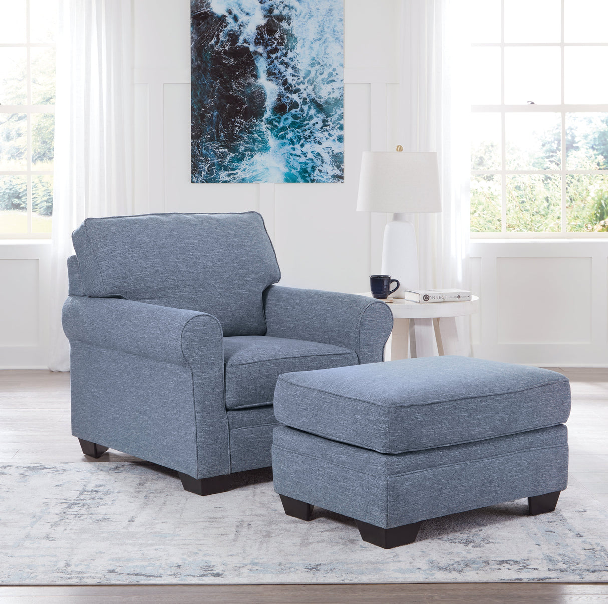 Carissa Manor Denim Chair and Ottoman by Ashley at Eve Furniture