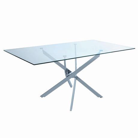 Carmelo Chrome/Clear X-Shaped Dining Table by Coaster at Eve Furniture