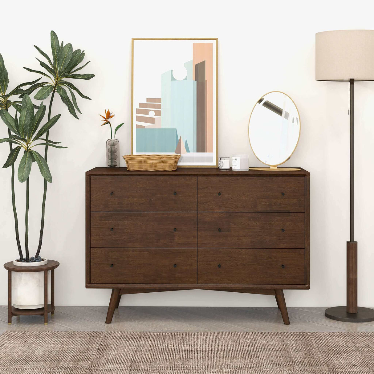 Caroline Mid Century Modern Walnut Dresser 6 Drawer by Ashcroft Furniture at Eve Furniture