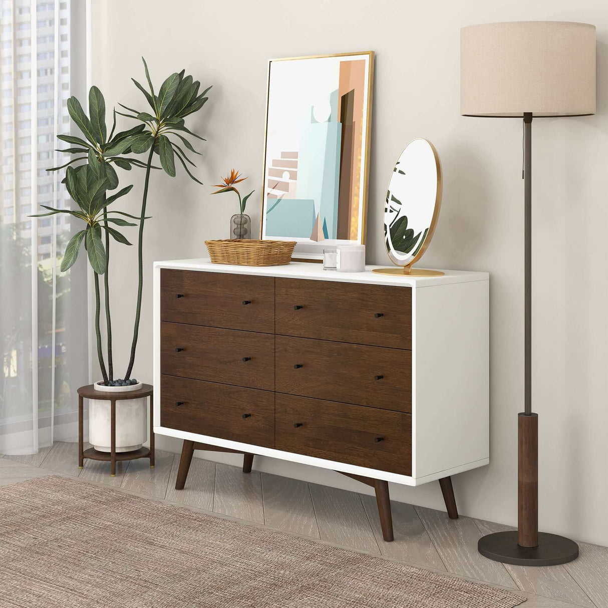 Caroline Mid-Century Modern White Dresser 6 Drawer by Ashcroft Furniture at Eve Furniture