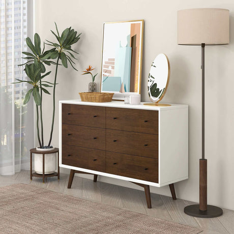 Caroline Mid-Century Modern White Dresser 6 Drawer by Ashcroft Furniture at Eve Furniture
