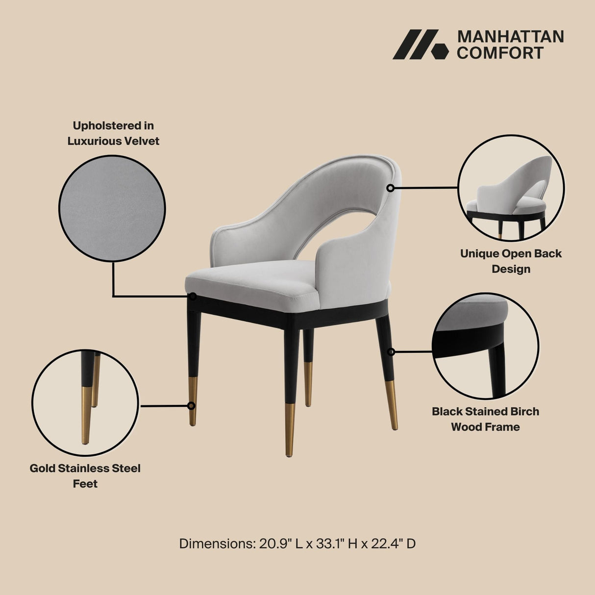 Carrington Dining Armchair in Light Grey by Manhattan Comfort at Eve Furniture