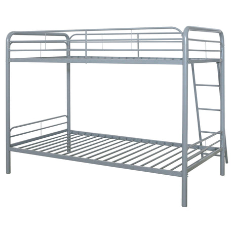 Carson Glossy Silver Metal Twin Over Twin Bunk Bed by Coaster at Eve Furniture