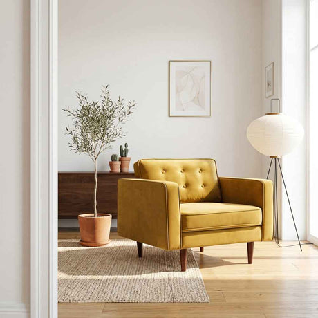 Casey Mid-Century Modern Pillow Back Velvet Upholstered Armchair in Gold by Ashcroft Furniture at Eve Furniture