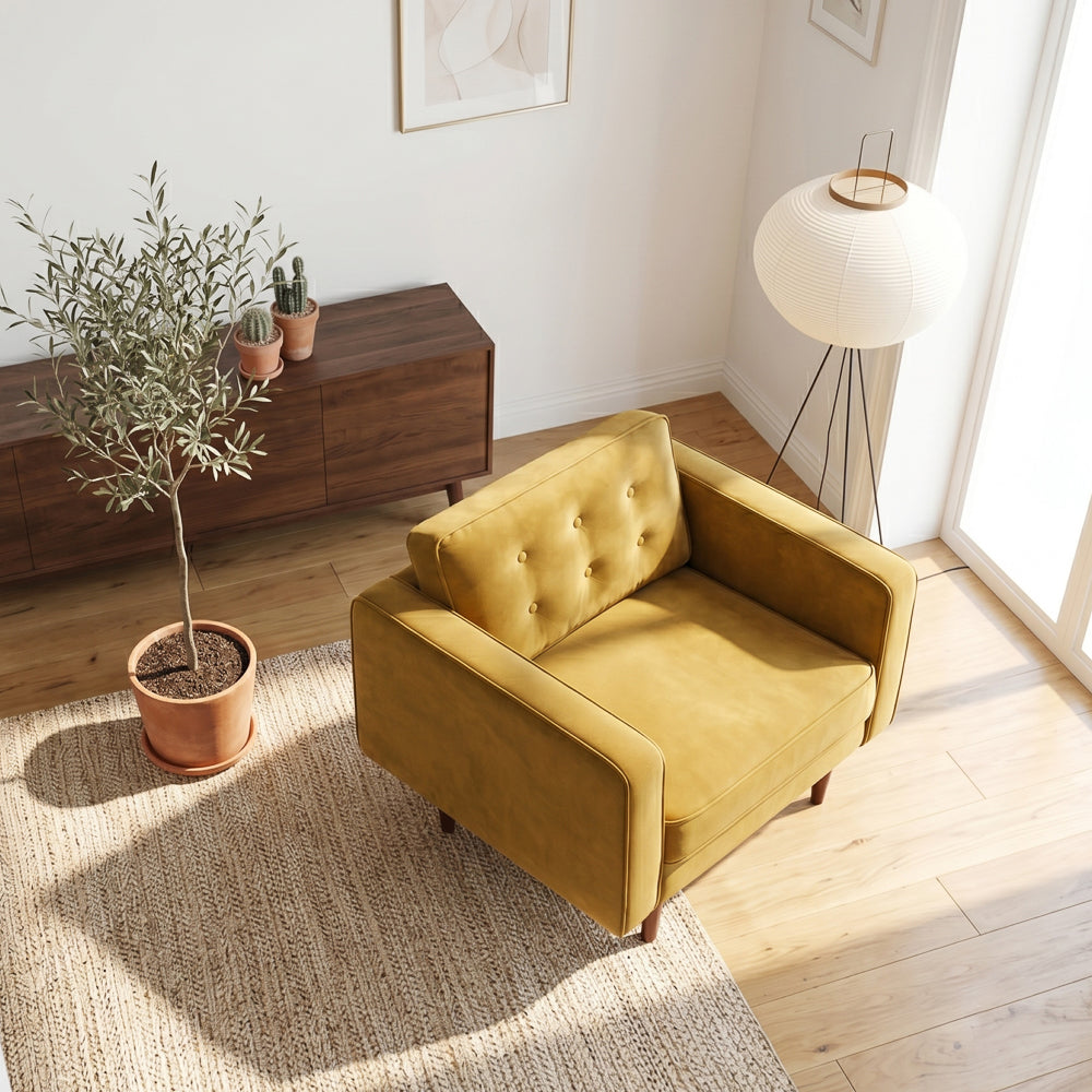 Casey Mid-Century Modern Pillow Back Velvet Upholstered Armchair in Gold by Ashcroft Furniture at Eve Furniture