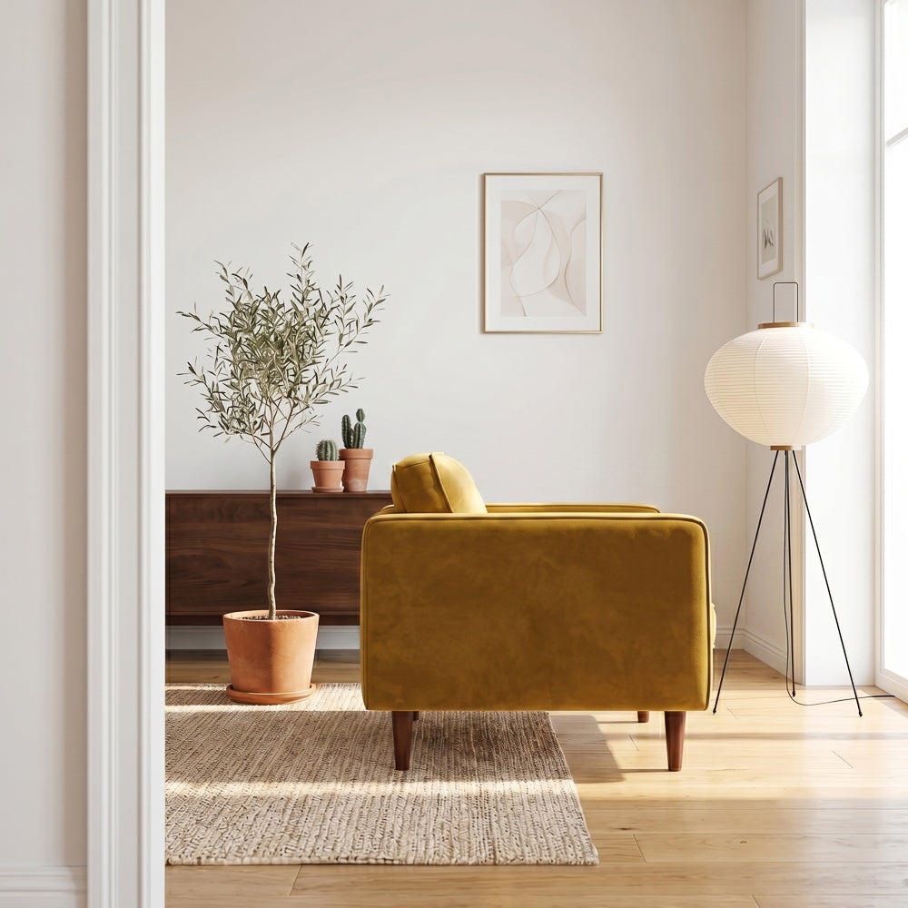 Casey Mid-Century Modern Pillow Back Velvet Upholstered Armchair in Gold by Ashcroft Furniture at Eve Furniture