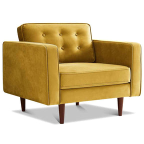 Casey Mid-Century Modern Pillow Back Velvet Upholstered Armchair in Gold by Ashcroft Furniture at Eve Furniture