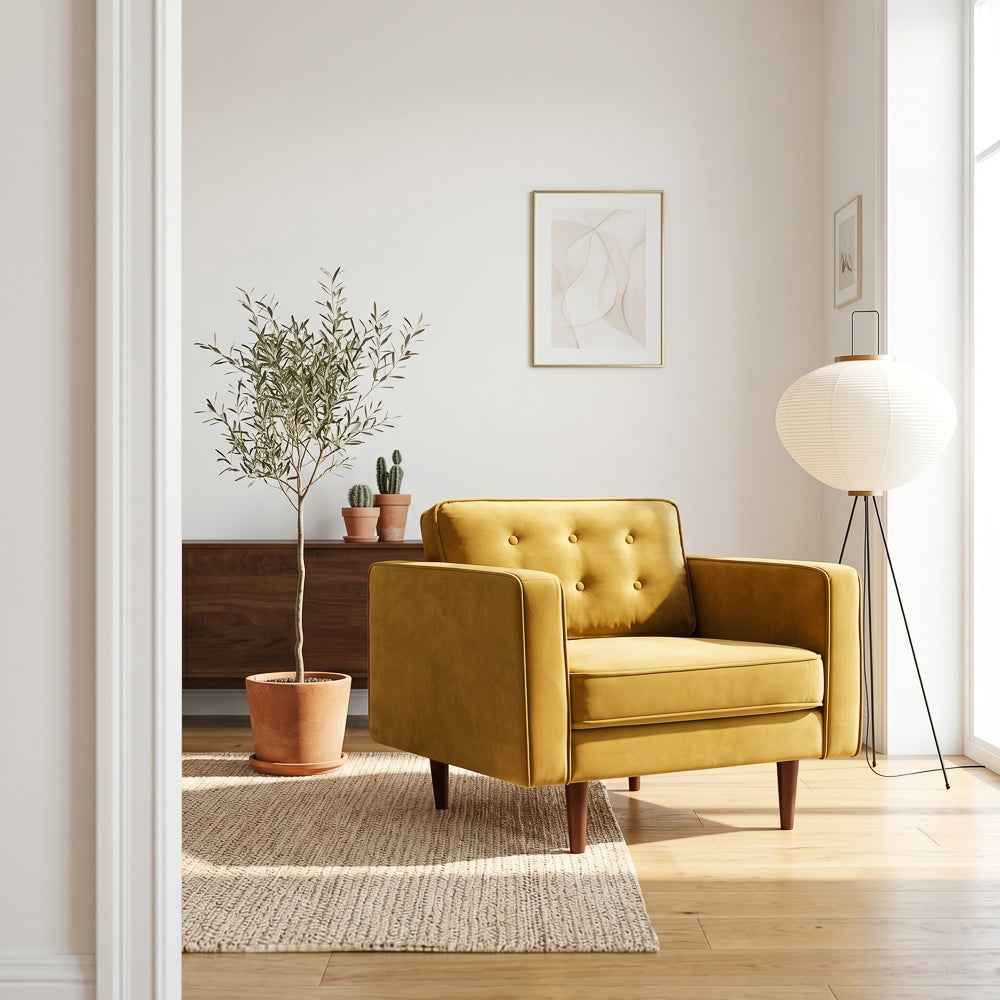 Casey Mid-Century Modern Pillow Back Velvet Upholstered Armchair in Gold by Ashcroft Imports at Eve Furniture