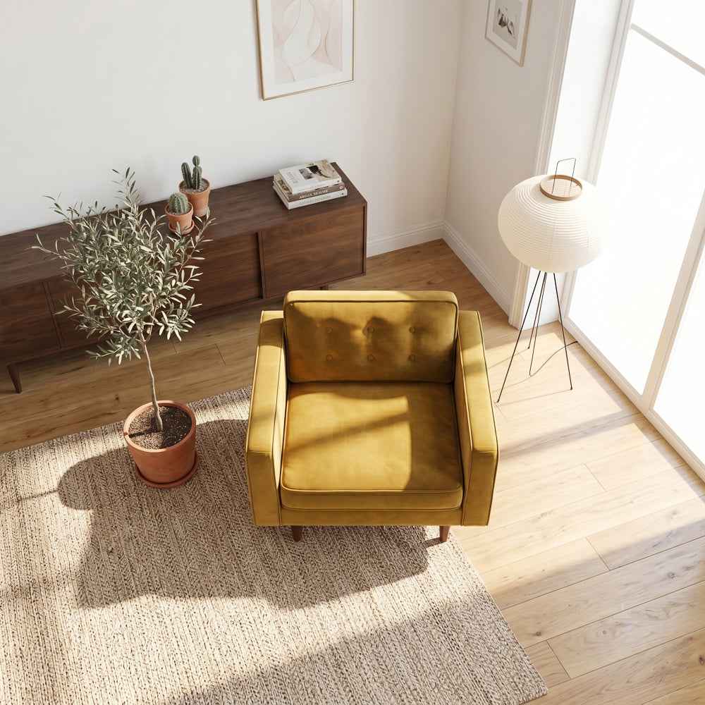 Casey Mid-Century Modern Pillow Back Velvet Upholstered Armchair in Gold by Ashcroft Imports at Eve Furniture