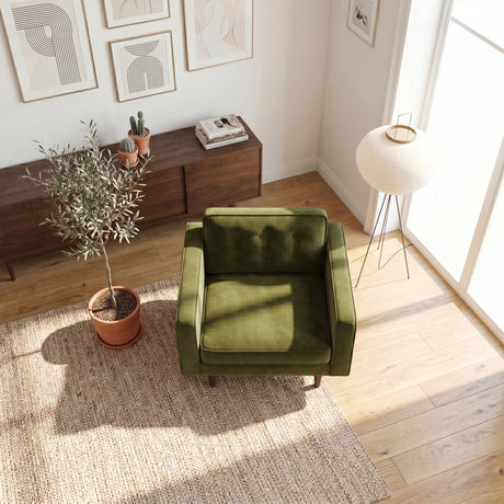 Casey Mid-Century Modern Pillow Back Velvet Upholstered Armchair in Olive Green by Ashcroft Furniture at Eve Furniture