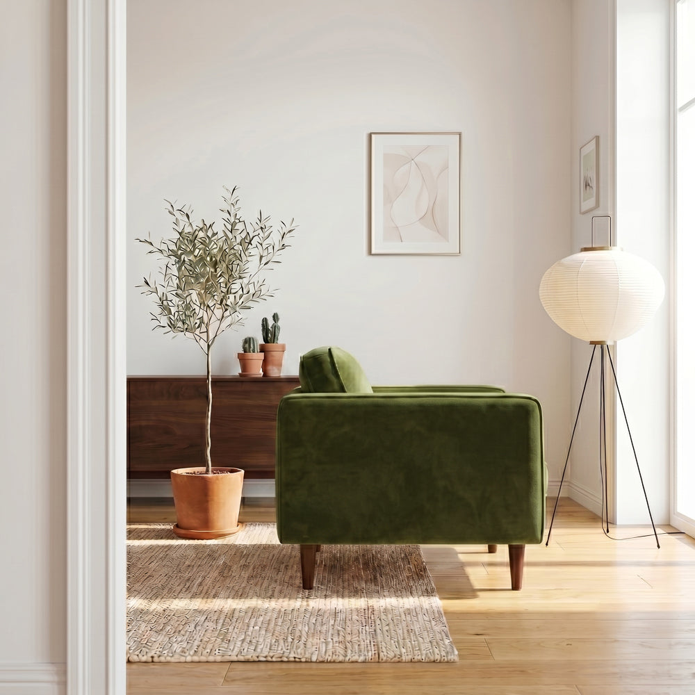 Casey Mid-Century Modern Pillow Back Velvet Upholstered Armchair in Olive Green by Ashcroft Furniture at Eve Furniture