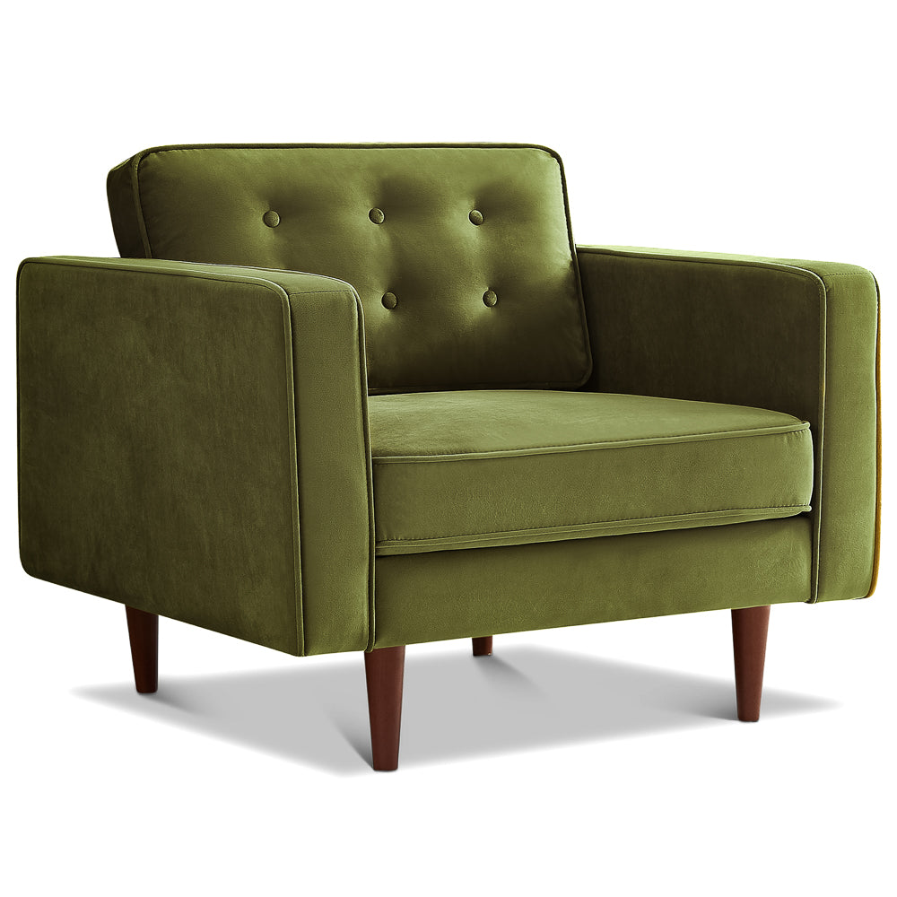 Casey Mid-Century Modern Pillow Back Velvet Upholstered Armchair in Olive Green by Ashcroft Furniture at Eve Furniture