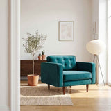 Casey Mid-Century Modern Pillow Back Velvet Upholstered Armchair in Teal by Ashcroft Furniture at Eve Furniture