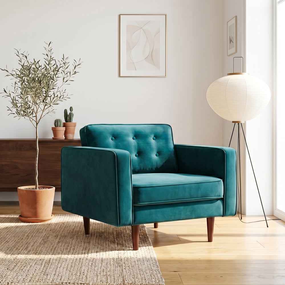 Casey Mid-Century Modern Pillow Back Velvet Upholstered Armchair in Teal by Ashcroft Furniture at Eve Furniture