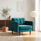 Casey Mid-Century Modern Pillow Back Velvet Upholstered Armchair in Teal by Ashcroft Furniture at Eve Furniture