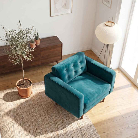 Casey Mid-Century Modern Pillow Back Velvet Upholstered Armchair in Teal by Ashcroft Furniture at Eve Furniture
