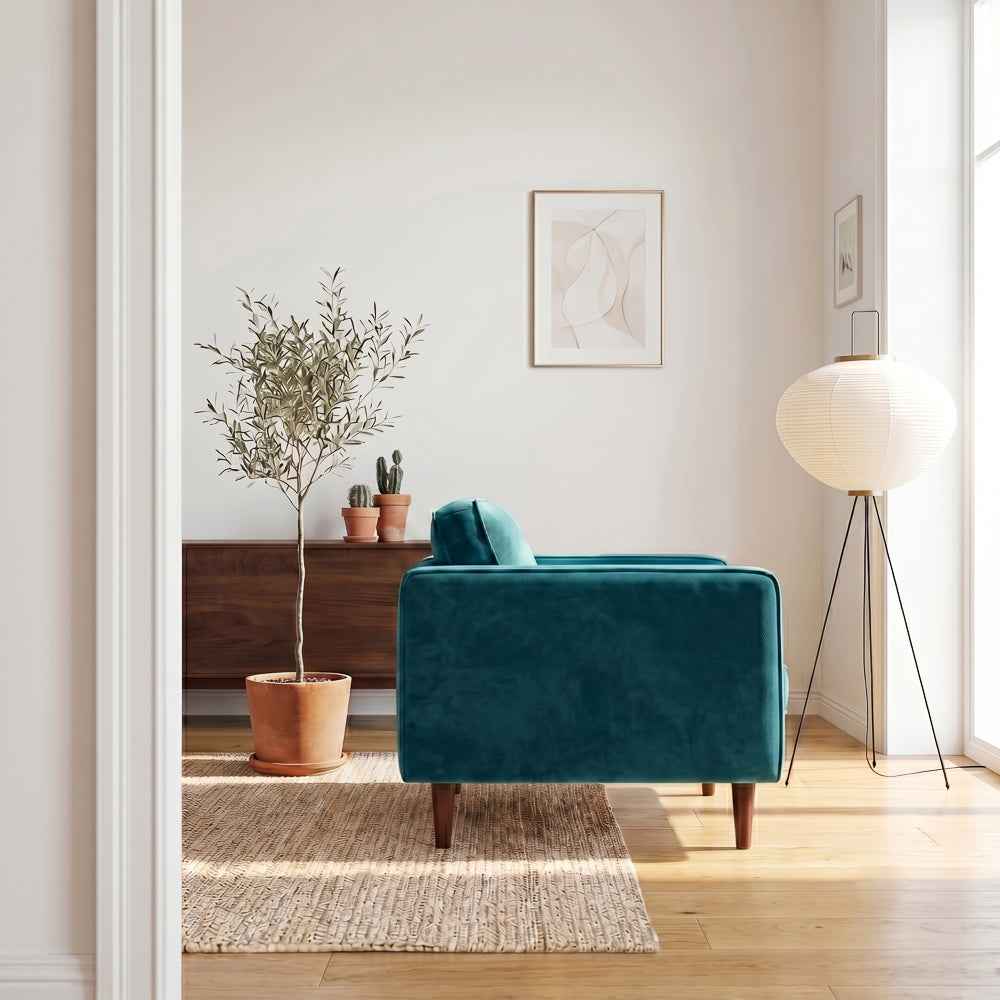 Casey Mid-Century Modern Pillow Back Velvet Upholstered Armchair in Teal by Ashcroft Furniture at Eve Furniture
