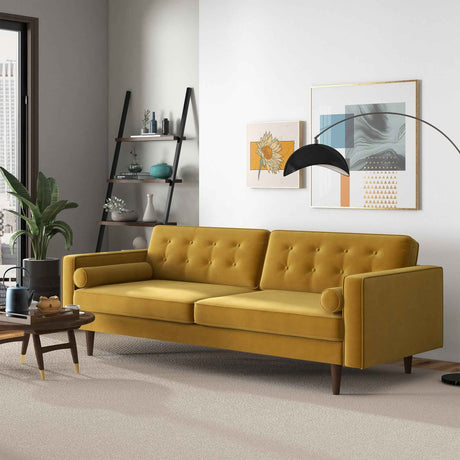 Casey Tufted Back Dark Yellow Velvet Upholstered Sofa by Ashcroft Imports at Eve Furniture