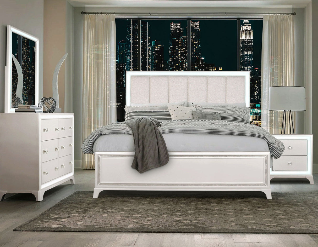 Cassie Illuminating 4-Piece Glam King Bedroom Set(King Bed, Nightstand, Dresser and Mirror)