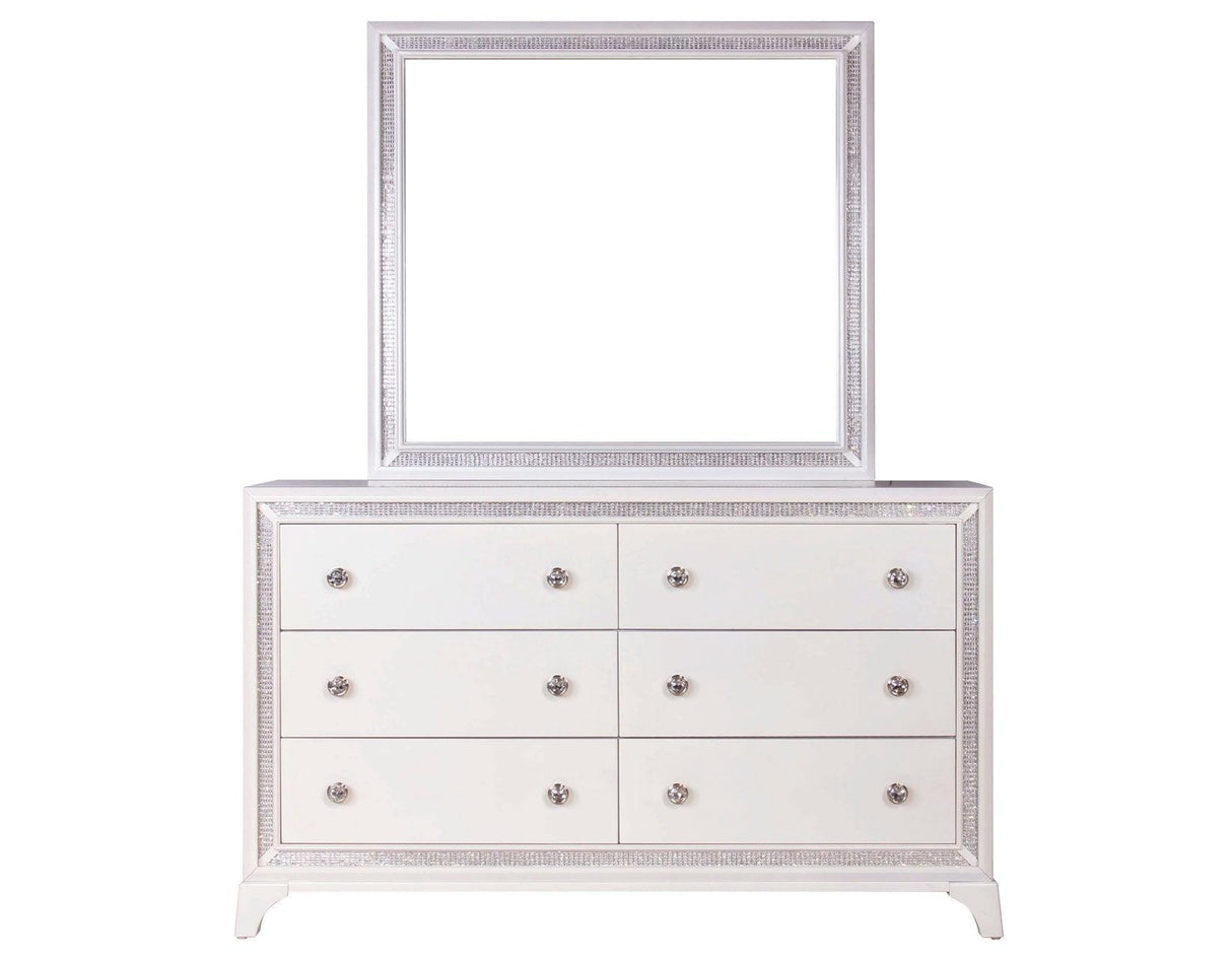 Cassie Illuminating Glam 58″ Dresser, Shimmering Pearl Finish by Steve Silver at Eve Furniture