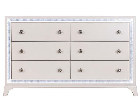 Cassie Illuminating Glam 58″ Dresser, Shimmering Pearl Finish by Steve Silver at Eve Furniture