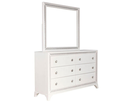 Cassie Illuminating Glam Dresser and Mirror, Shimmering Pearl Finish by Steve Silver at Eve Furniture