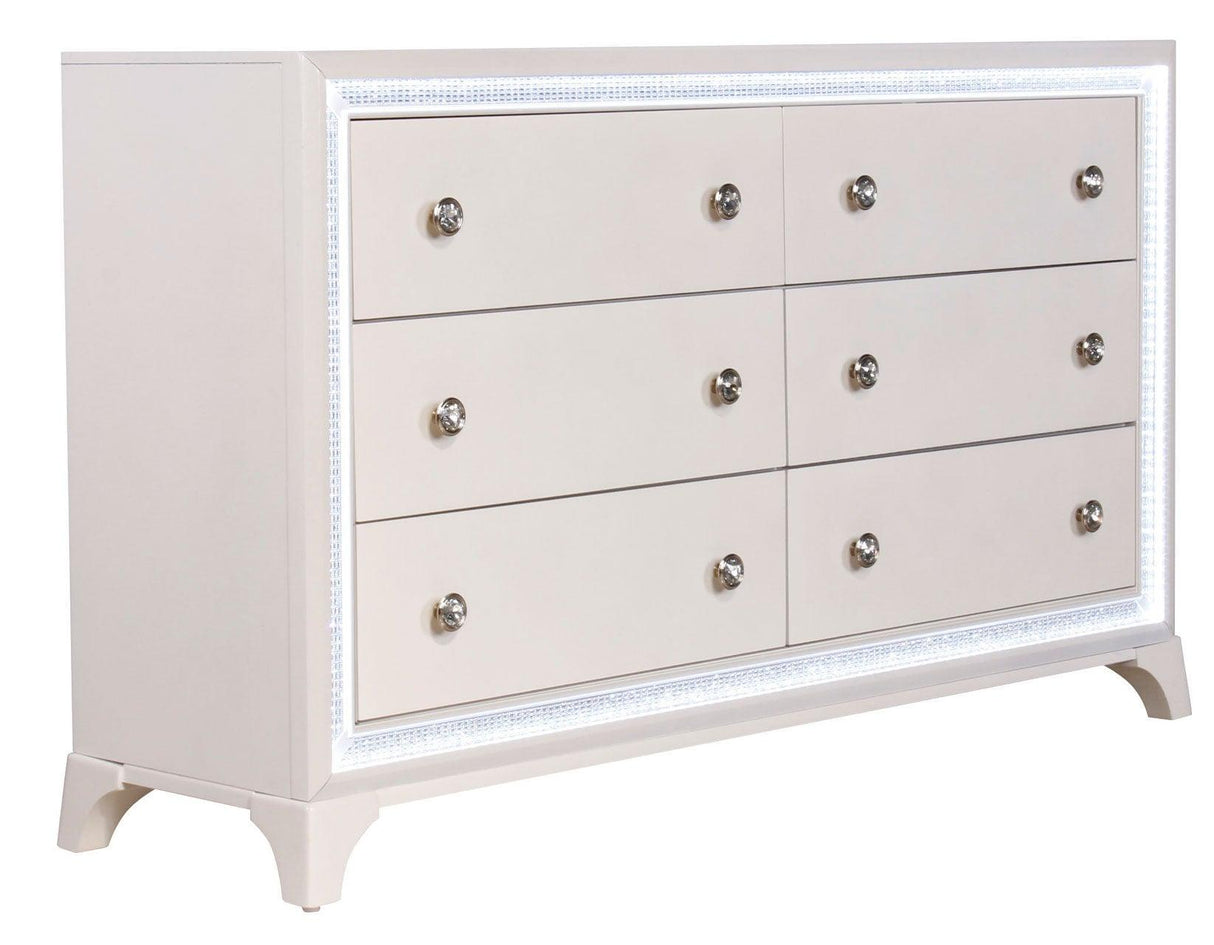 Cassie Illuminating Glam Dresser and Mirror, Shimmering Pearl Finish by Steve Silver at Eve Furniture