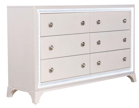 Cassie Illuminating Glam Dresser and Mirror, Shimmering Pearl Finish by Steve Silver at Eve Furniture
