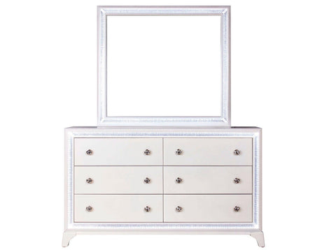 Cassie Illuminating Glam Dresser and Mirror, Shimmering Pearl Finish by Steve Silver at Eve Furniture