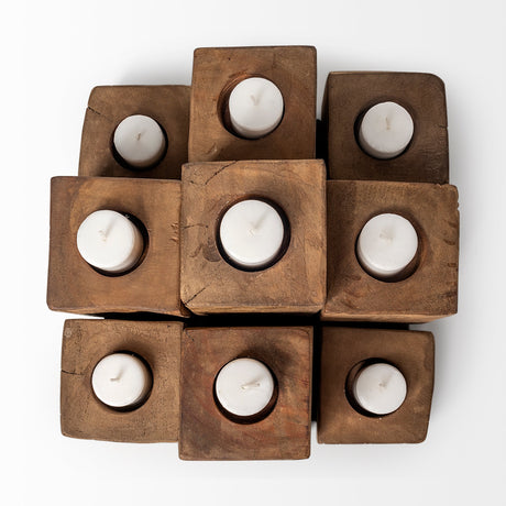 Cassius Light Brown Nine Wood Block Table Candle Holder by Mercana at Eve Furniture