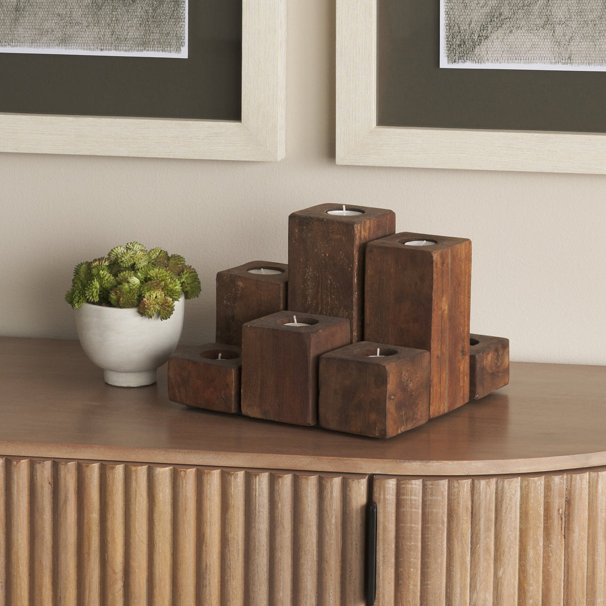 Cassius Light Brown Nine Wood Block Table Candle Holder by Mercana at Eve Furniture