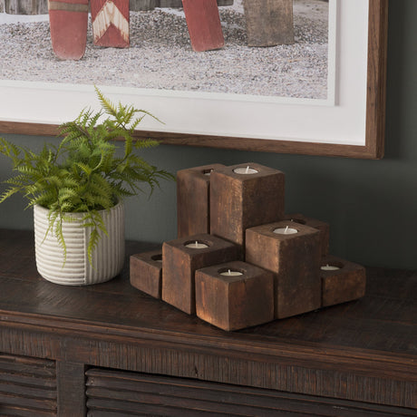 Cassius Light Brown Nine Wood Block Table Candle Holder by Mercana at Eve Furniture