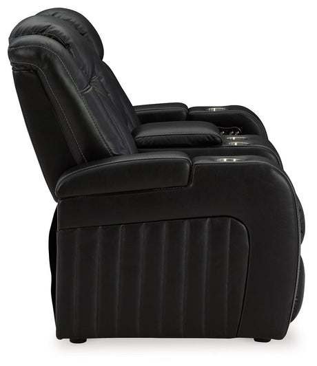 Caveman Den Midnight Dual Power Reclining Loveseat by Ashley at Eve Furniture