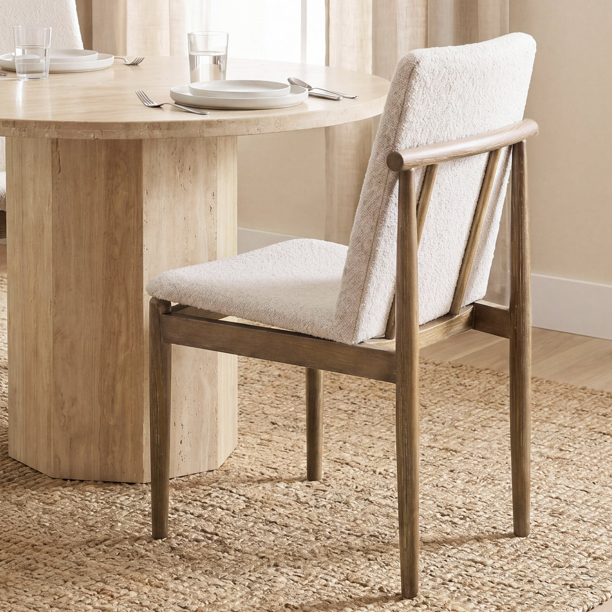 Cavett Cream Boucle Upholstered Seat W/Light Brown Wood Frame Dining Chair, Set of 2 by Mercana at Eve Furniture