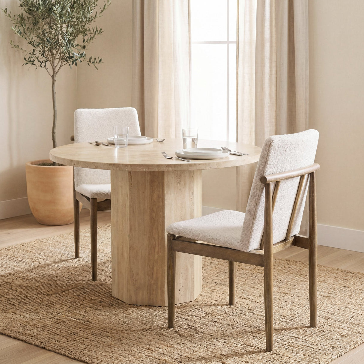 Cavett Cream Boucle Upholstered Seat W/Light Brown Wood Frame Dining Chair, Set of 2 by Mercana at Eve Furniture