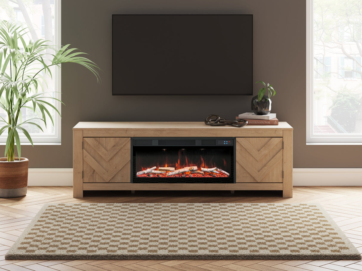 Cayboni Tan 71" TV Stand with Electric Fireplace by Ashley at Eve Furniture