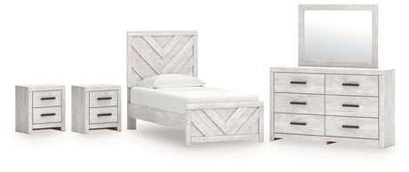 Cayboni Twin Panel Bed with Mirrored Dresser and 2 Nightstands in Whitewash by Ashley at Eve Furniture