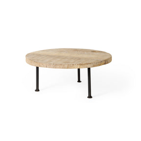Cedric 15L x 15W x 6H Round Light Brown Wood w/ Black Metal Legs Decorative Display Stand by Mercana at Eve Furniture
