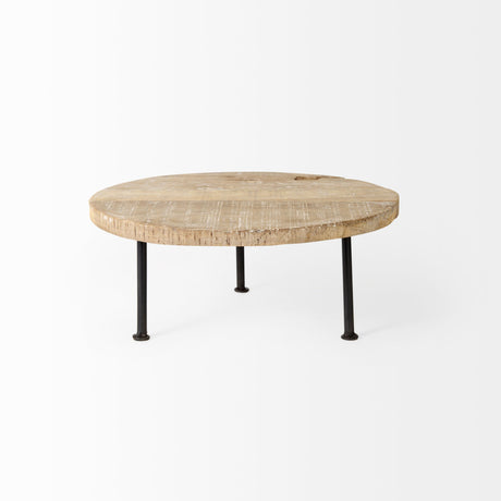 Cedric Round Light Brown Wood w/ Black Metal Legs Decorative Display Stand by Mercana at Eve Furniture