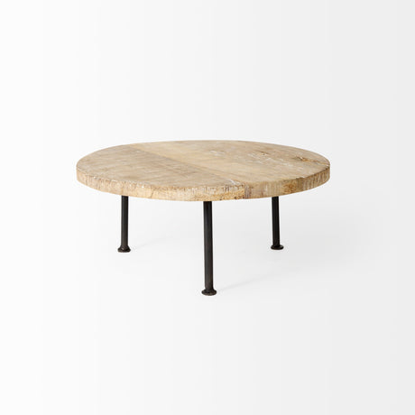 Cedric Round Light Brown Wood w/ Black Metal Legs Decorative Display Stand by Mercana at Eve Furniture