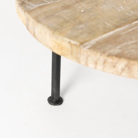 Cedric Round Light Brown Wood w/ Black Metal Legs Decorative Display Stand by Mercana at Eve Furniture