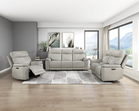 Celestia Light Gray Power Double Reclining Loveseat with Power Headrest and Center Console by Homelegance at Eve Furniture