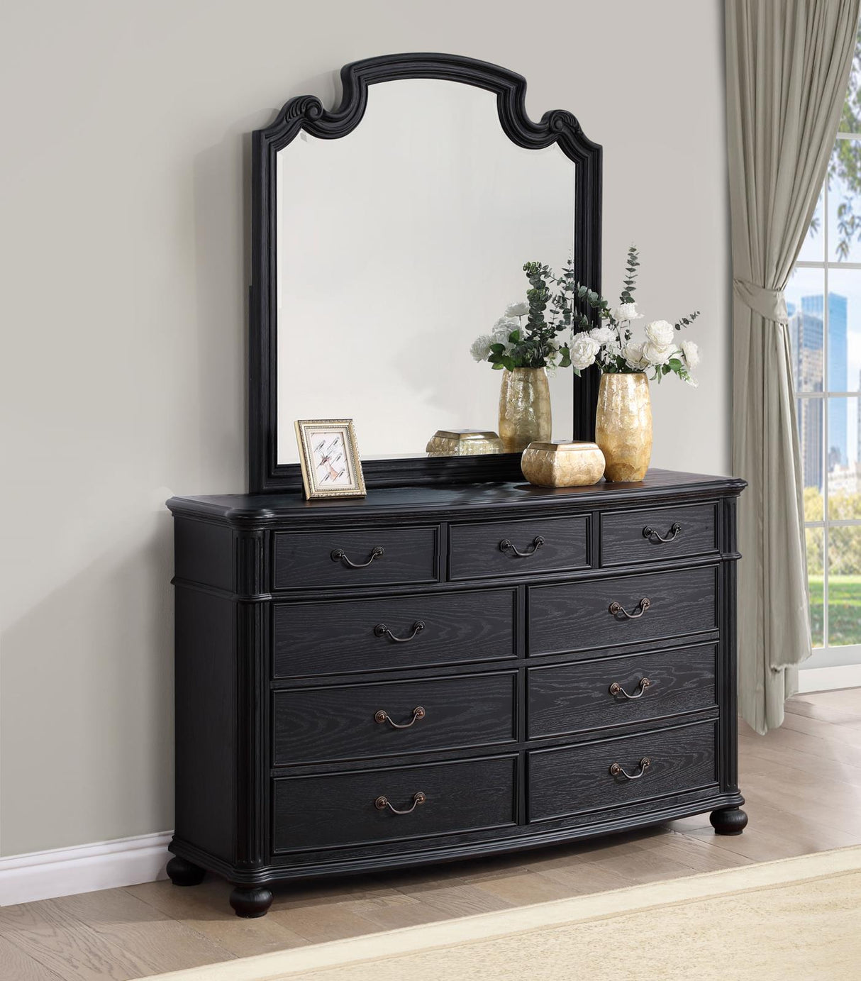 Celina Black 9-Drawer Bedroom Dresser with Mirror