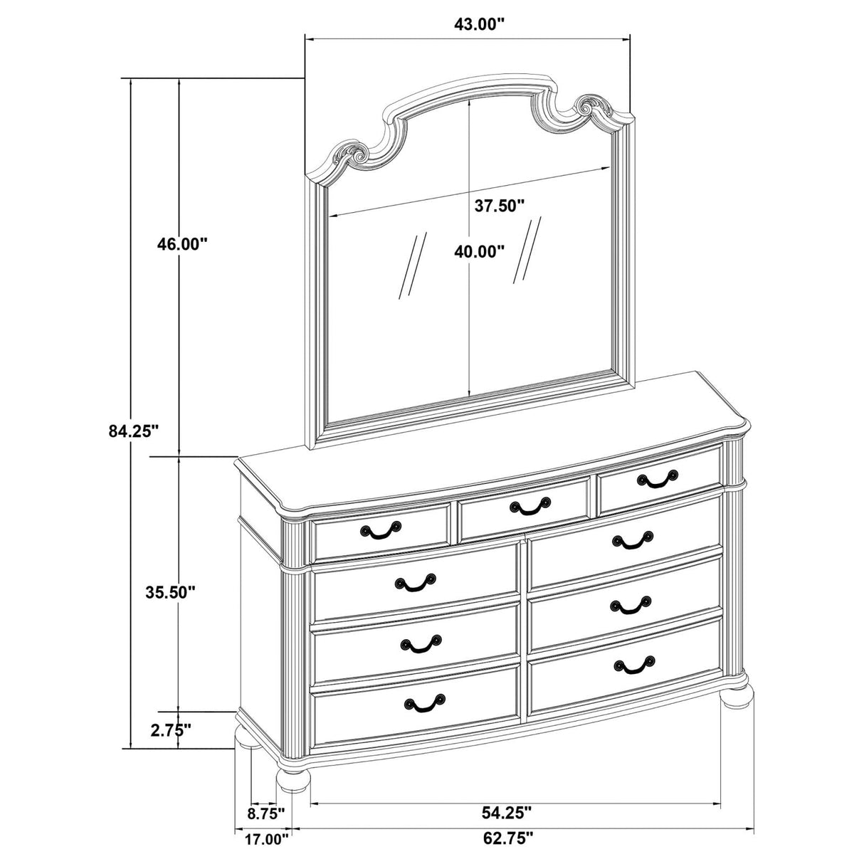 Celina Black 9-Drawer Bedroom Dresser with Mirror