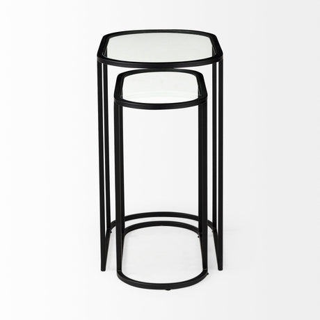 Celine Set of Two Black/Silver Metal and Glass Nesting Accent Tables by Mercana at Eve Furniture