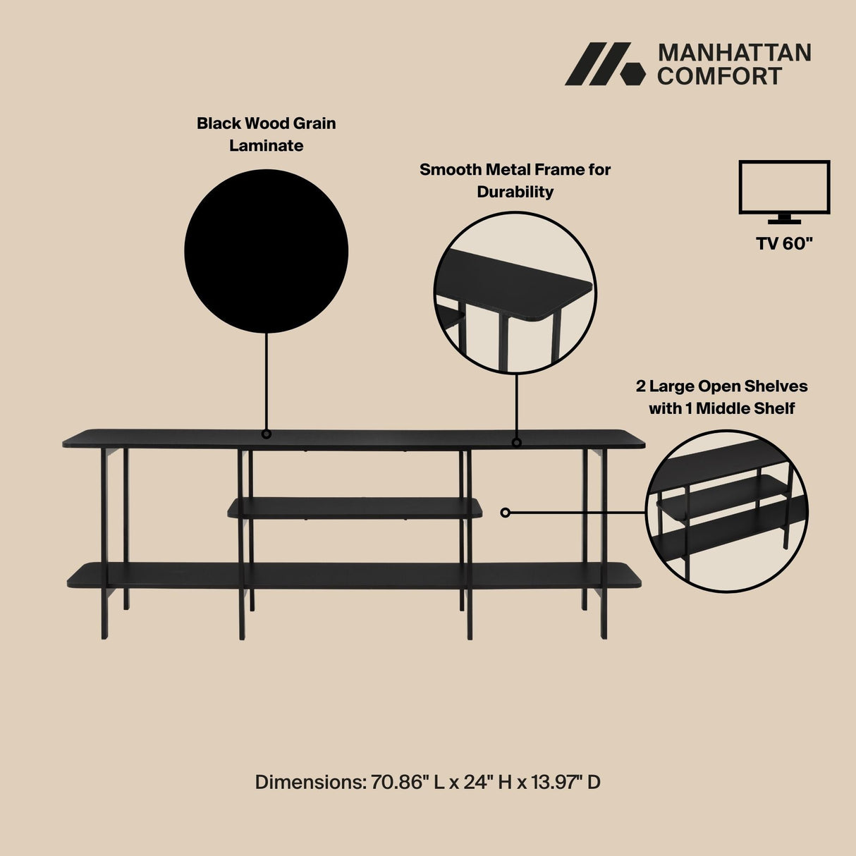 Celine Side 3 Tier Shelf Table Console in Black by Manhattan Comfort at Eve Furniture